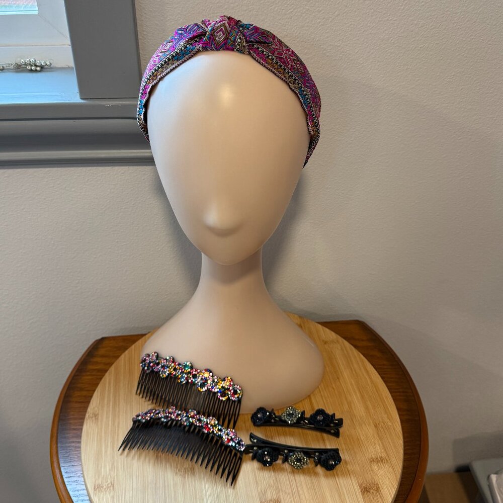 Bundle o Hair Bling Ribbon Headband 2 Sparkly Combs 2 Faux Rhinestone Hair Clips